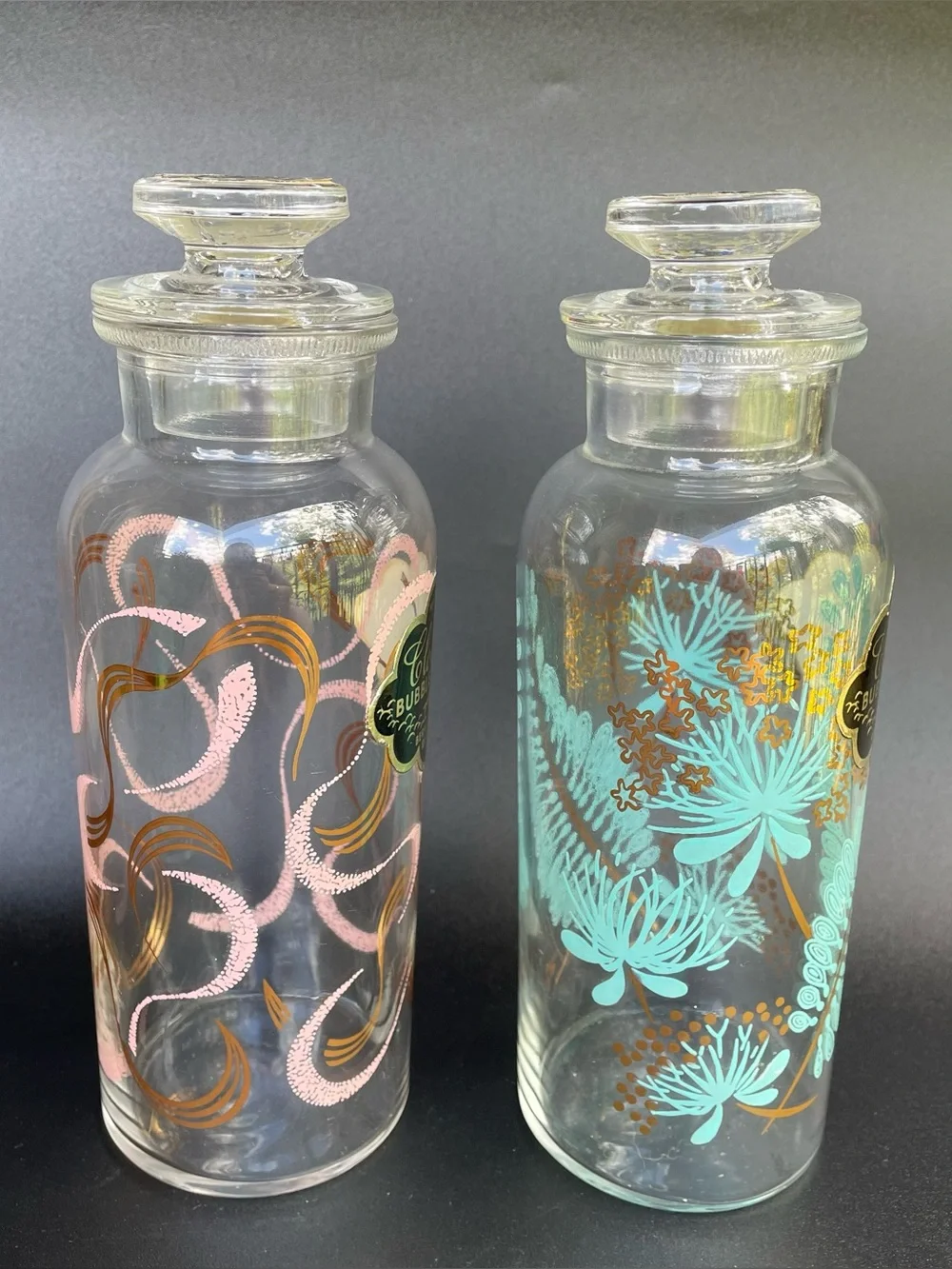 2 Vintage Glass Bubble Bath Bottles  Jars Pink Blue Gold Cloud 9 MCM Lids Labels